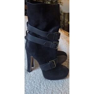 ALDO Black Suede Platform High Heel Boots Women's Size 8 EUR 38.5 Buckle Straps